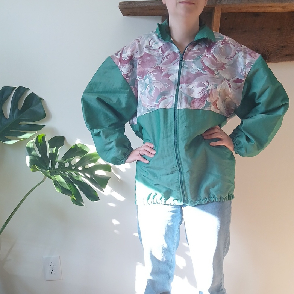 Vintage Floral and Green Windbreaker Jacket